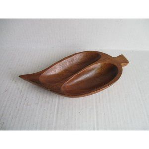 *Monkey Pod Wood Serving Dish Leaf Shape 2 Compartment Candy Nuts - Philippines